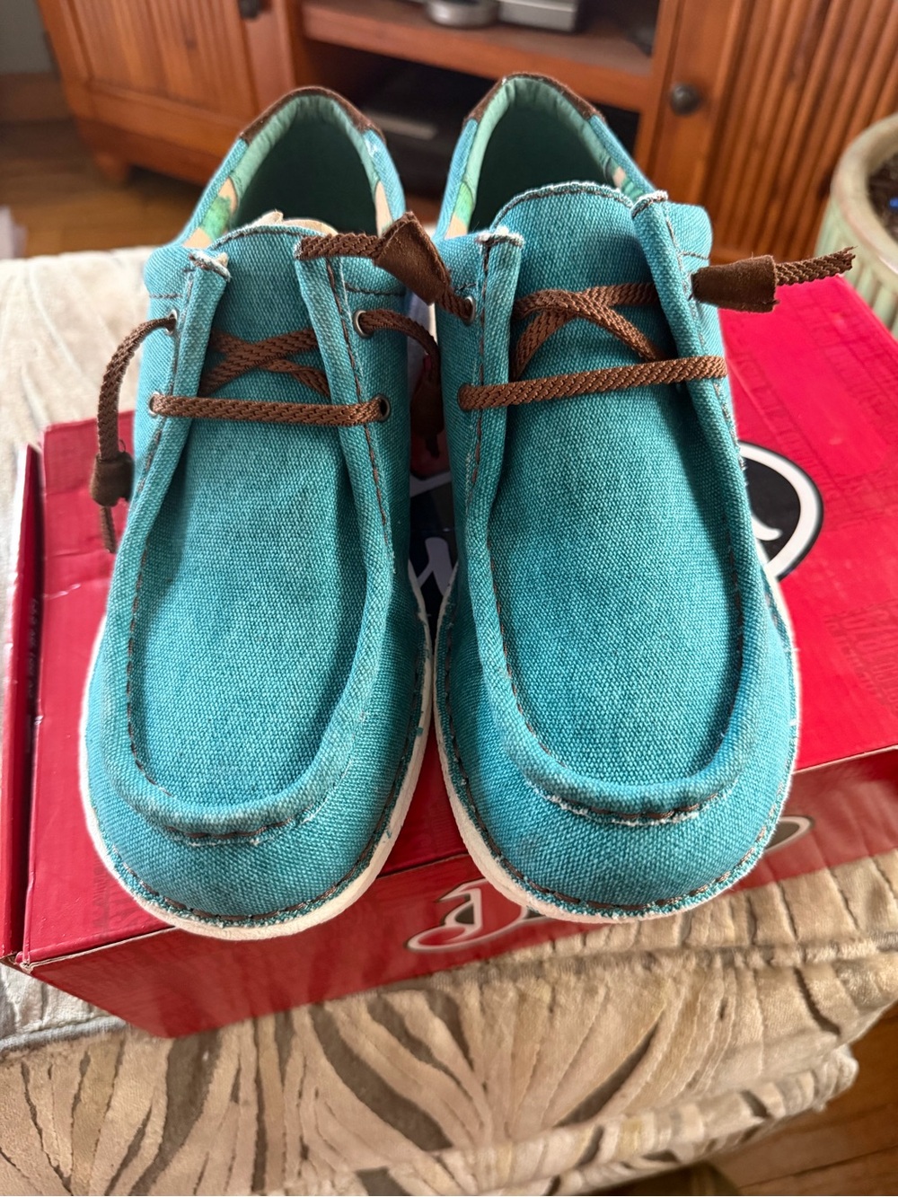 Justin Teal Canvas Women's Flats with Brown Laces